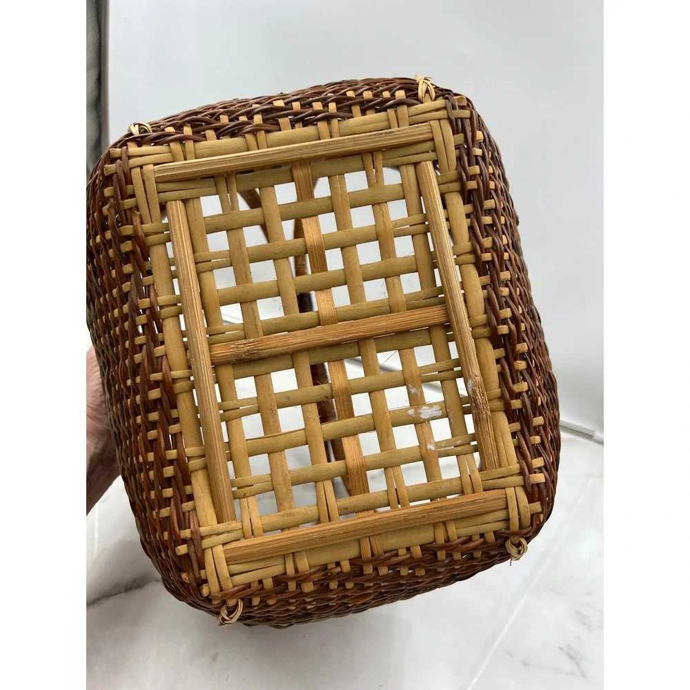 Vintage Handwoven Wicker Basket Rectangular Brown Tan Storage Decor with Handle